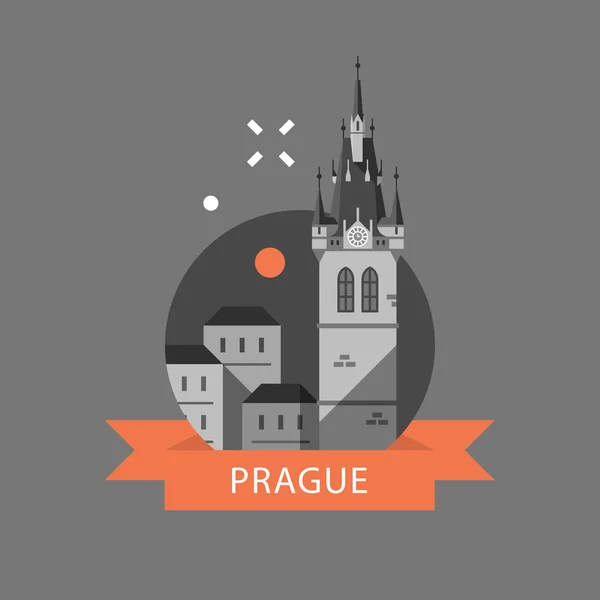 Praga símbolo, casco antiguo, torre con reloj y grupo de casas, República Checa destino de viaje — Vector de stock