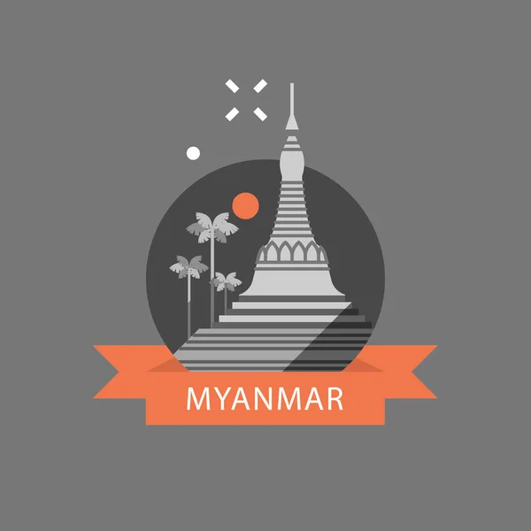 Yangon-Symbol, Shwedagon-Pagode, myanmarisches Reiseziel, Kultur und Architektur, berühmtes Wahrzeichen — Stockvektor