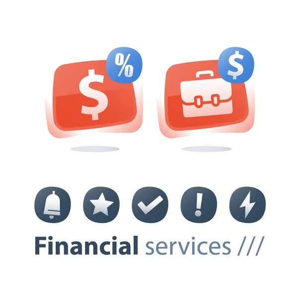 Fnancial service, beleggingsportefeuille, openeind beleggingsfondsen, financiering van account en beheer, beurs, hedge fonds dividenden — Stockvector