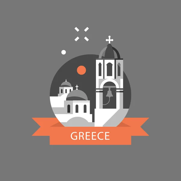 Grekisk arkitektur, Grekland resmål, Santorini vita och blå hus med kupol tak stiliserade koncept, klocktornet — Stock vektor
