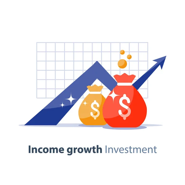 Inversión futura, el tiempo es dinero, fondo de pensiones, financiación de jubilación, bolsas de dinero, icono de vector — Archivo Imágenes Vectoriales