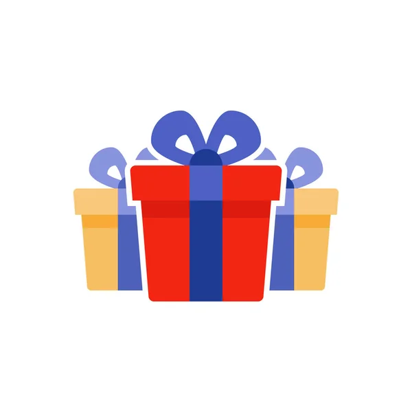 Premio recompensa de lealtad, tres sorprendentes cajas de regalo, súper regalo, regalo de cumpleaños, icono plano — Vector de stock