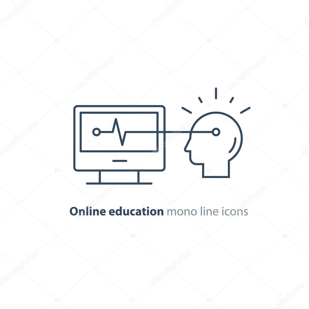 Education on internet, learning course, desk top computer, human head icons