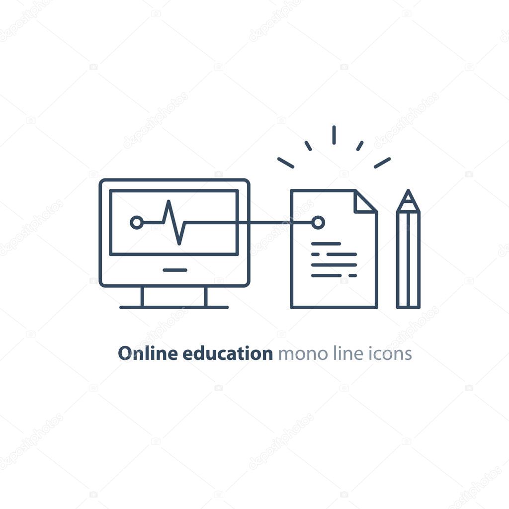 Education on internet, writing course, desk top computer, paper and pencil icons