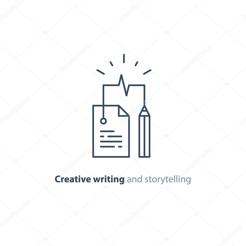 Creative writing and thinking concept, storytelling, assay composition, education, vector mono line icons