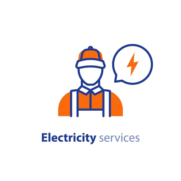 Elektriker-ikonen, tekniker person, elektriska reparatör, eltjänster, Underhållsingenjör — Stock vektor