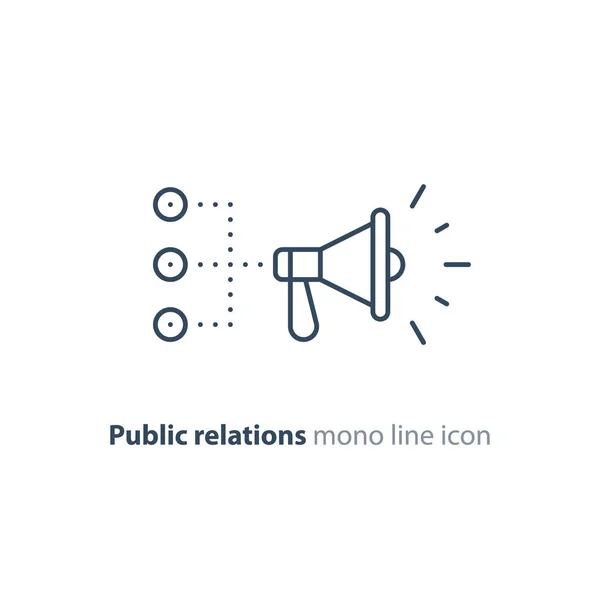 Concept de relations publiques, icône de ligne mégaphone, stratégie de promotion publicitaire — Image vectorielle