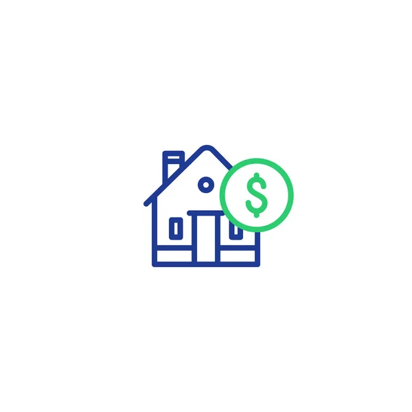 Huishoudelijke uitgaven, hypotheekbetaling, het pictogram van de lijn van het huis, geld, onroerend goed te investeren — Stockvector