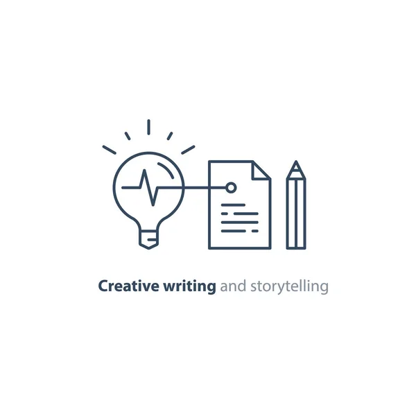Escritura creativa, idea de contar historias, página de papel e iconos lineales de lápiz — Vector de stock
