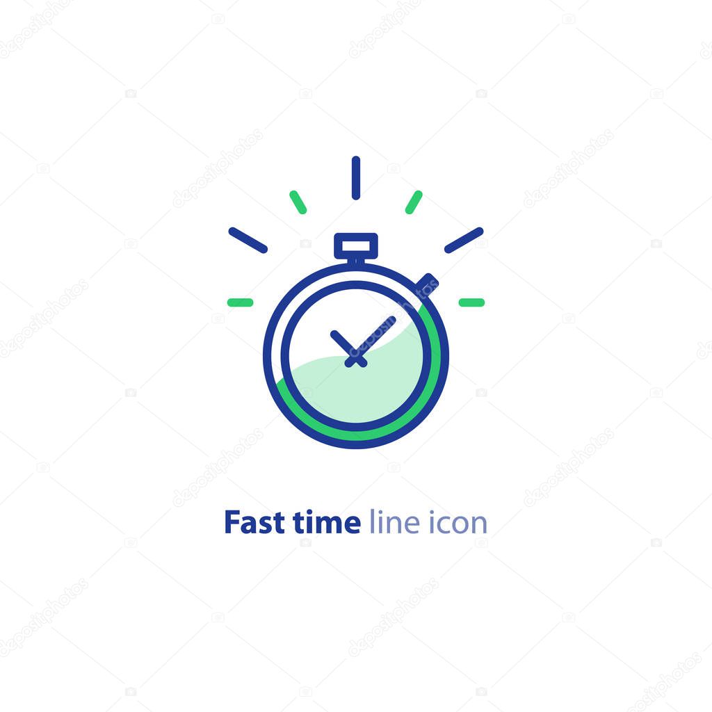 Fast time logo, stop watch speed concept, quick delivery, express and urgent services, deadline and delay, vector line icon