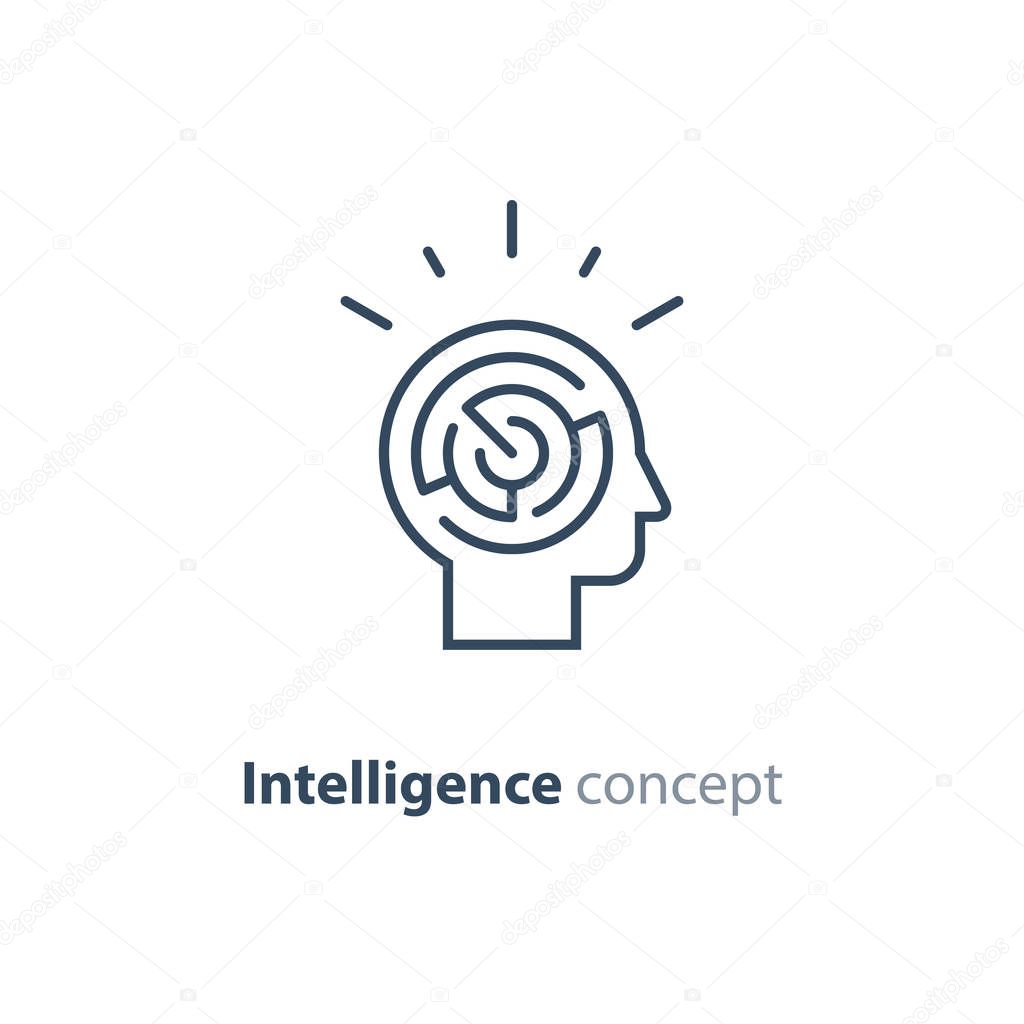 Logic games concept, creative thinking, head maze line icon, mind labyrinth, mental work, strategic thinking, psychology vector logo