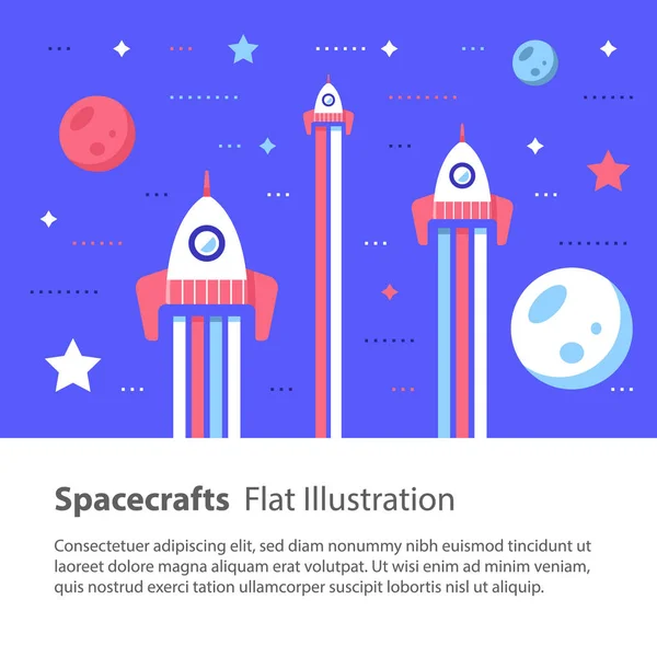 Naves espaciais voando no espaço entre estrelas e planetas, crianças ilustração plana — Vetor de Stock