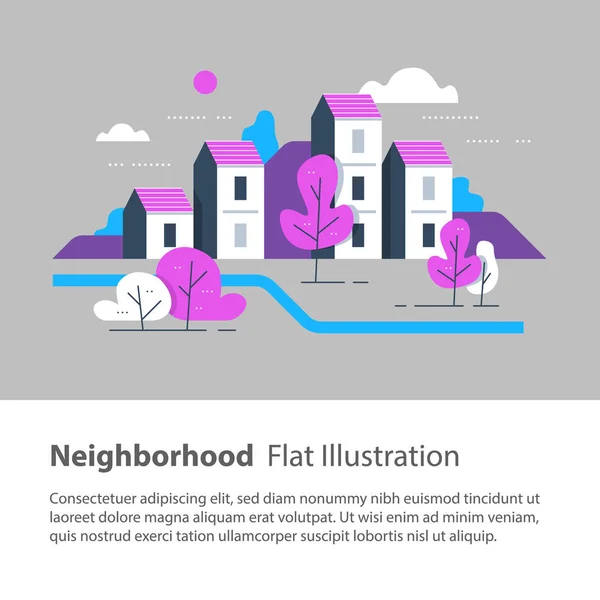 River side settlement, cozy town, row of houses by the river with trees, residential building, green neighborhood — Stock Vector