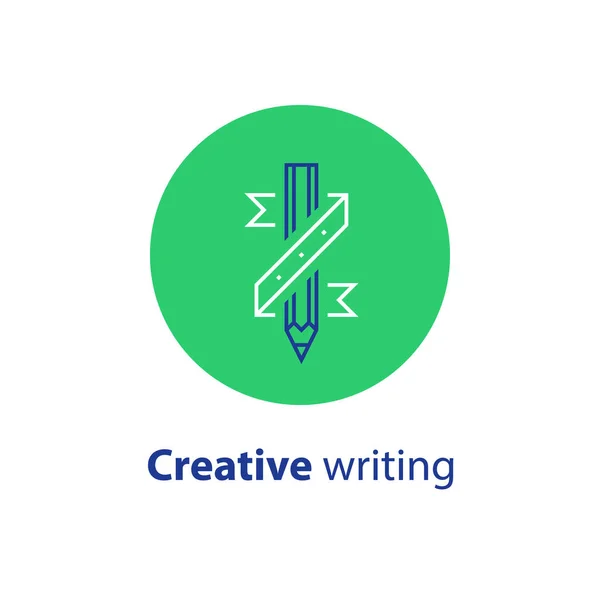 Contar histórias conceito, escrita criativa, lápis e fita, copywriting, ícone linear — Vetor de Stock