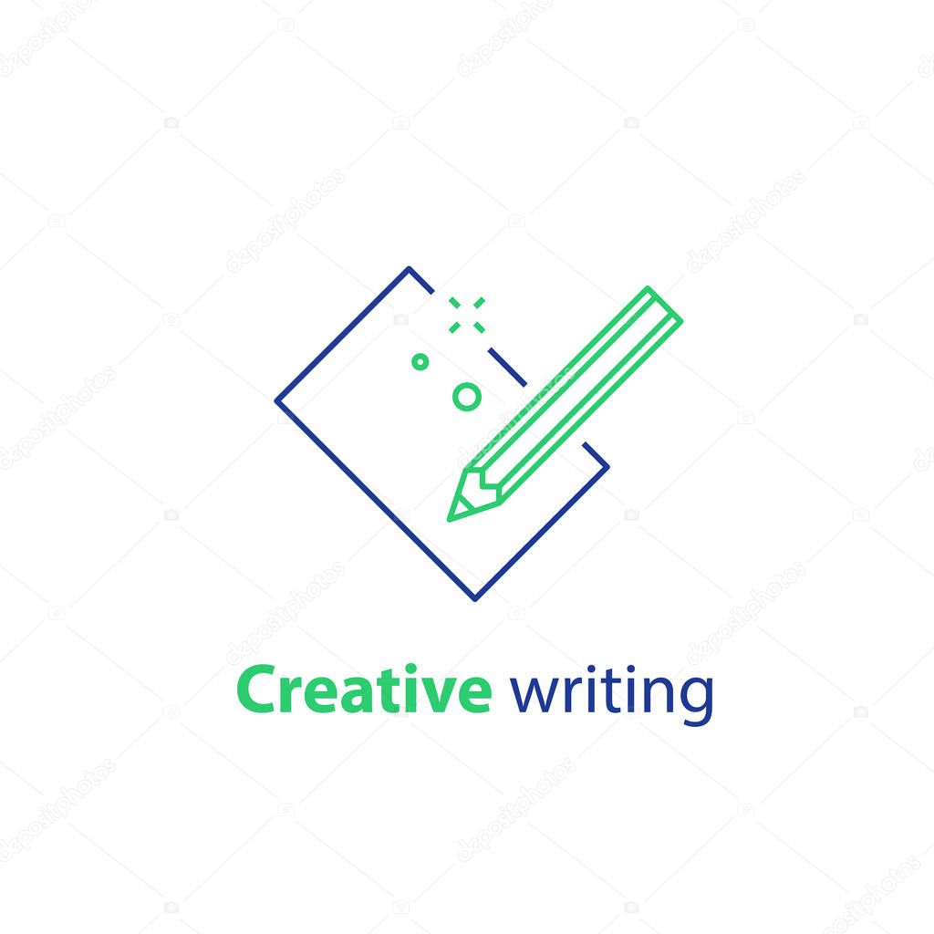 Creative writing, storytelling concept, pencil and sheet of paper, copywriting, vector line icon