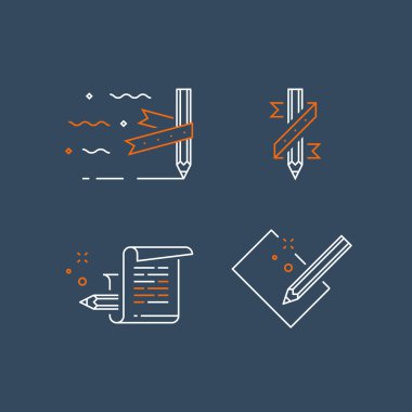 Hikaye anlatımı kavramı, yaratıcı yazarlık, kalem ve kağıt, copywriting, doğrusal simgesi