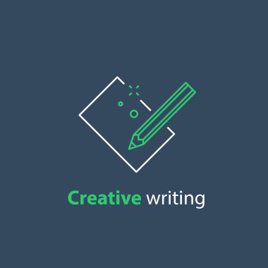 Hikaye anlatımı kavramı, yaratıcı yazma, kalem ve kağıt sayfası, metin yazısı, doğrusal simge