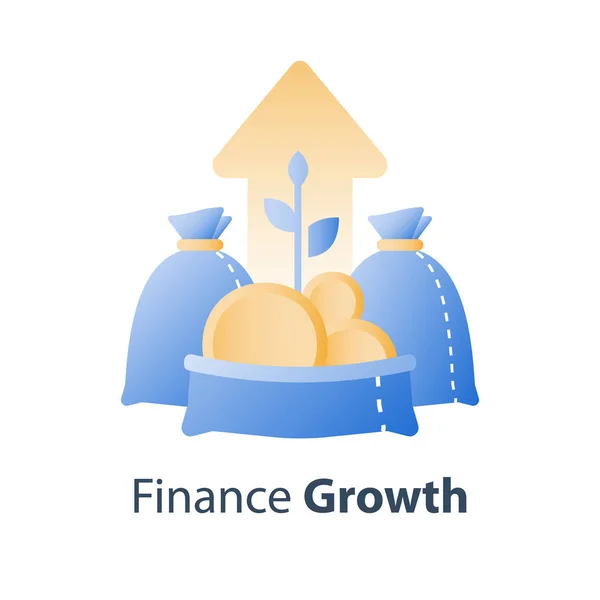 Öppna påsen med guldmynt och växt stam, snabb finansiera tillväxt, ökade intäkter, tjäna mer pengar, investera fond, kapitalförvaltning — Stock vektor