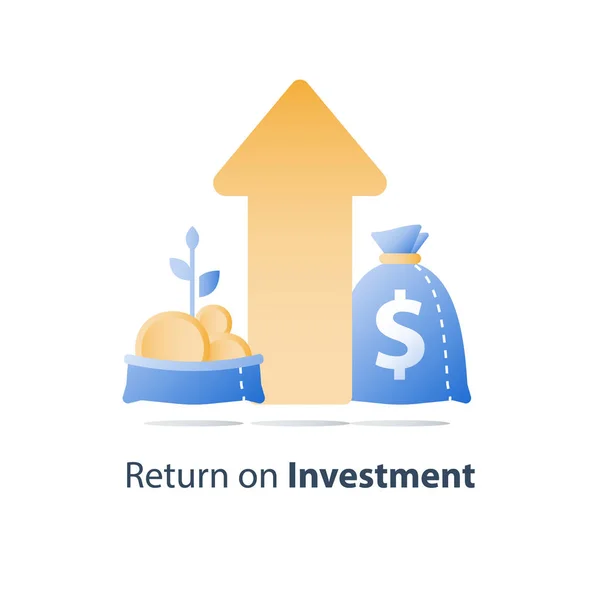 Bolsa aberta com moedas de ouro e haste da planta, crescimento rápido das finanças, aumento de receita, ganhar mais dinheiro, investir fundo, gestão de riqueza — Vetor de Stock