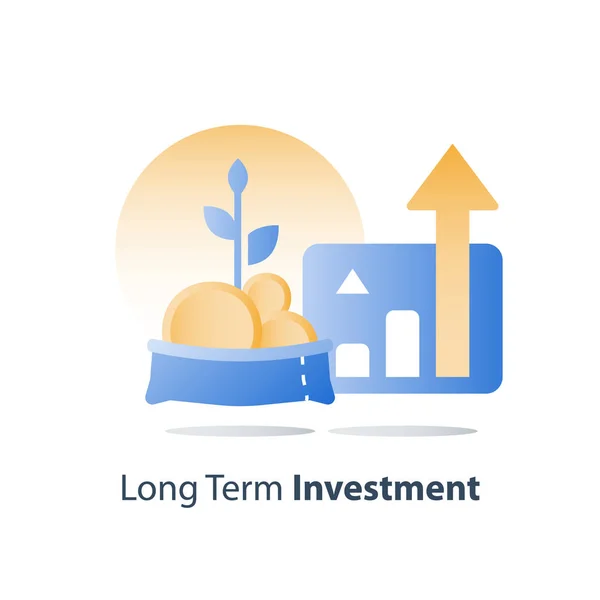 Bolsa abierta con monedas de oro y tallo de la planta, rápido crecimiento financiero, aumento de ingresos, ganar más dinero, fondo de inversión, gestión de la riqueza — Archivo Imágenes Vectoriales