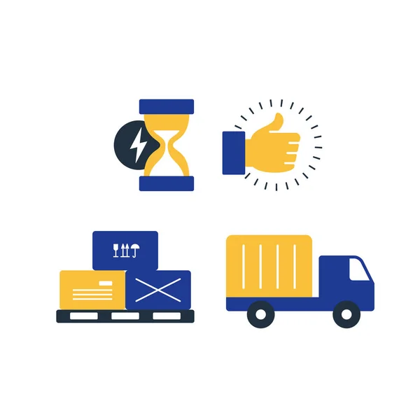 Παράδοση εικονίδια υπηρεσίες logistics οριστεί, μετακινήσετε πλαίσια, φόρτωση φορτηγών, χρόνος — Διανυσματικό Αρχείο