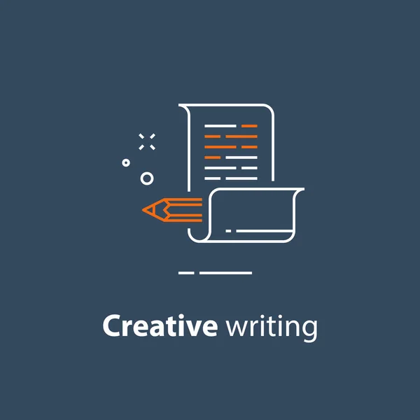 Concepto de narración, escritura creativa, lápiz y papel, copywriting, icono lineal — Vector de stock