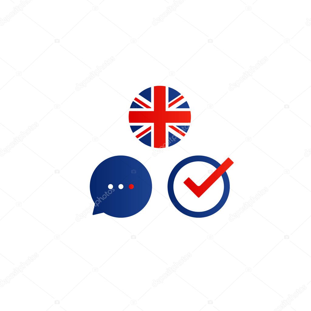 British english language class concept icon set and flag logo, language exchange program, forum and international communication sign. Flat design vector illustration