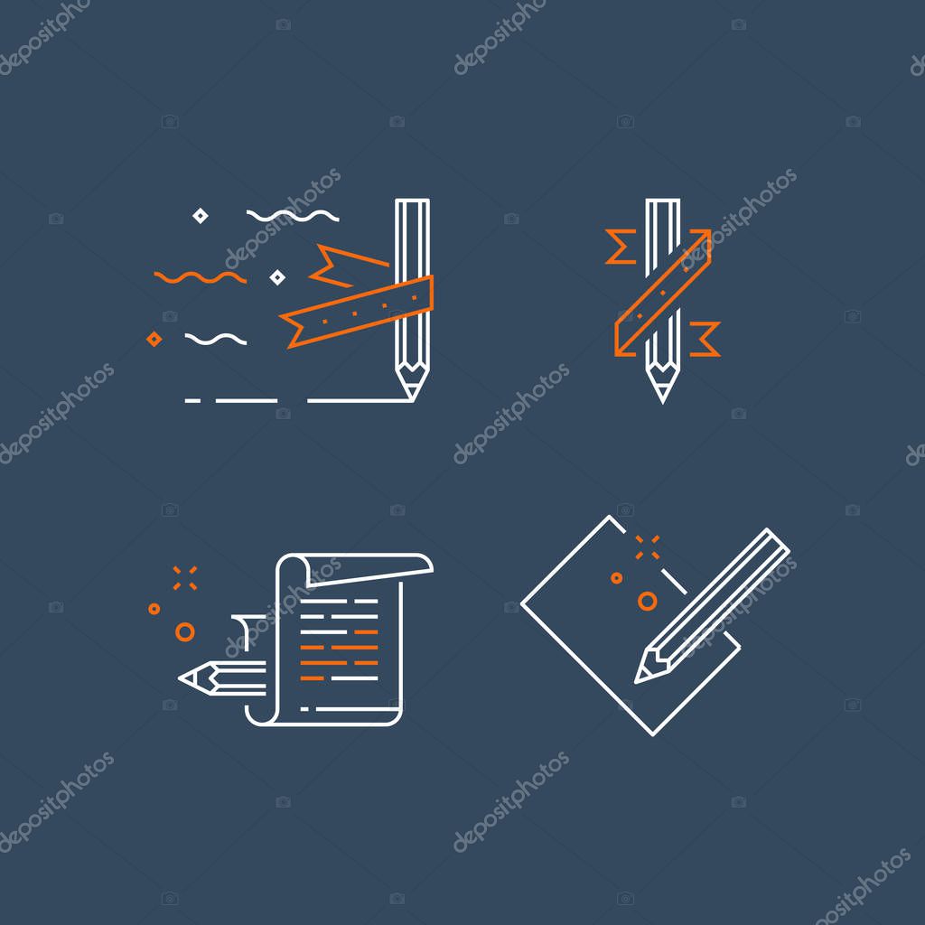 Creative writing, storytelling concept, pencil and paper, copywriting, vector line icon set