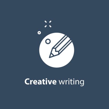 Kalem daire, kopya yazma, içerik yazma, yaratıcı hikaye anlatımı kavramı, vektör simgesi
