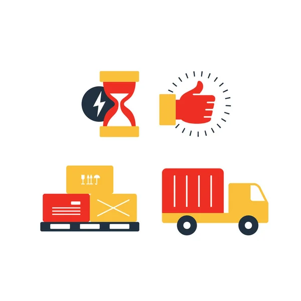 Conjunto de iconos de servicios logísticos de entrega, cajas móviles, camión de carga, tiempo — Vector de stock