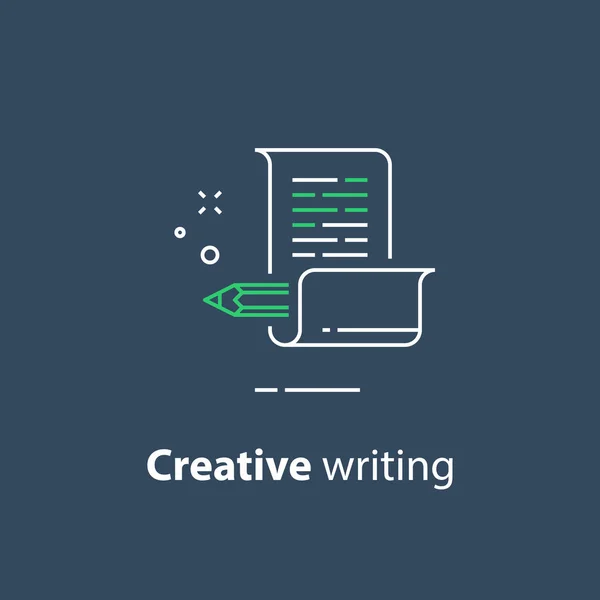 Mesemondó koncepció, kreatív írás, ceruza és papír, copywriting, lineáris ikon — Stock Vector