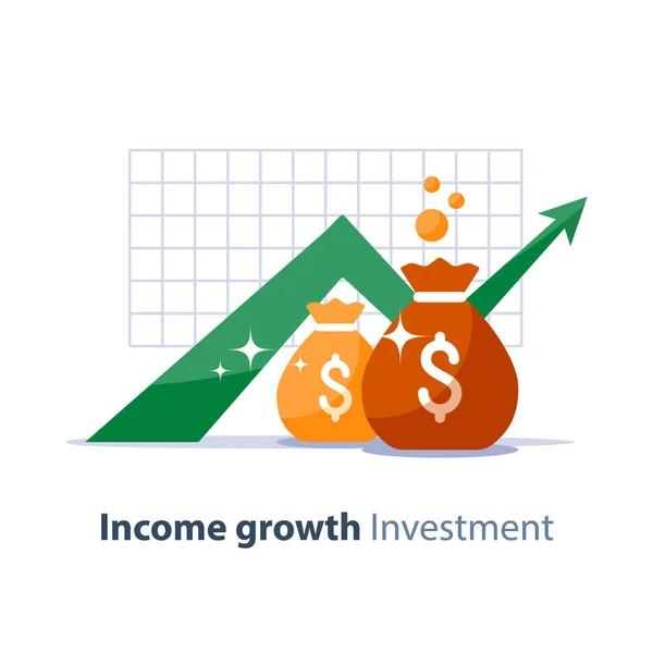 Inversión futura, el tiempo es dinero, fondo de pensiones, financiación de jubilación, bolsas de dinero, icono de vector — Vector de stock