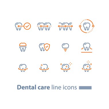Teeth braces, dental care, stomatology services, cleaning and whitening, implant and crown, protection concept, line icons clipart