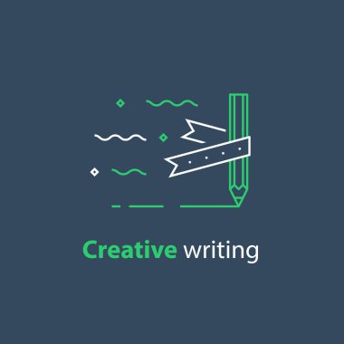 Hikaye anlatımı kavramı, yaratıcı yazarlık, kalem ve şerit, copywriting, doğrusal simgesi