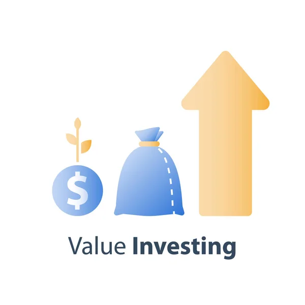 Valeur financière croissance régulière, stratégie d'investissement à long terme, répartition des actifs, augmentation des revenus, taux d'intérêt des fonds communs de placement — Image vectorielle