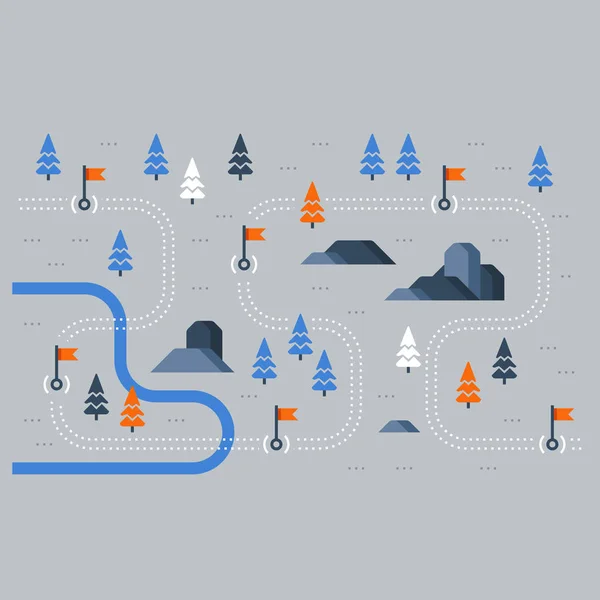 Mapa de senderos con banderas, actividad deportiva al aire libre, paisaje rural, itinerario de senderismo — Vector de stock