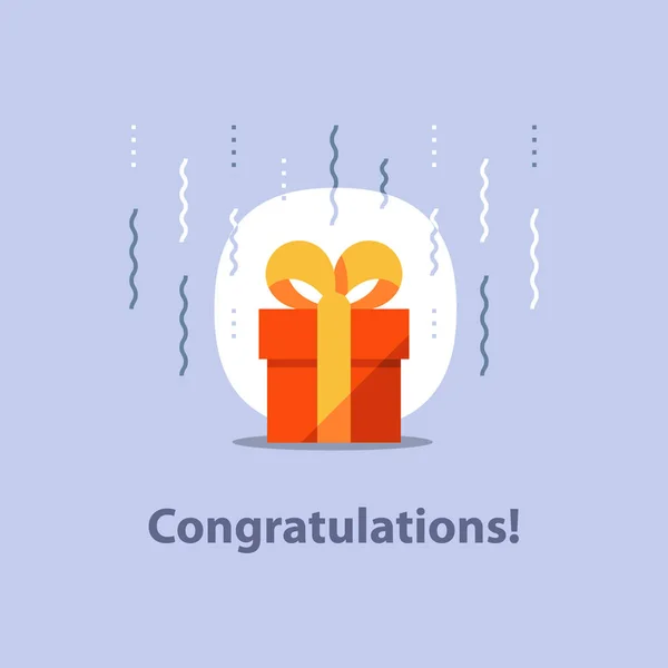 Regalo de regalo, regalo sorprendente, caja roja, cinta amarilla, recibir premio especial, felicitación de cumpleaños, celebración de la diversión — Vector de stock