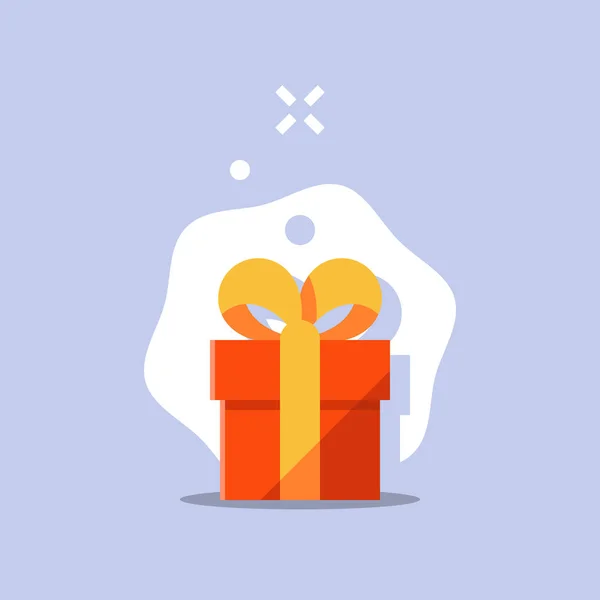 Regalo de regalo, regalo sorprendente, caja roja, cinta amarilla, recibir premio especial, felicitación de cumpleaños, celebración de la diversión — Vector de stock