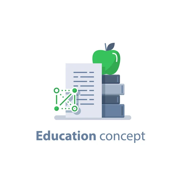 Pile de livres et pomme sur le dessus, concept d'éducation, cours d'apprentissage, réalisation, illustration vectorielle — Image vectorielle