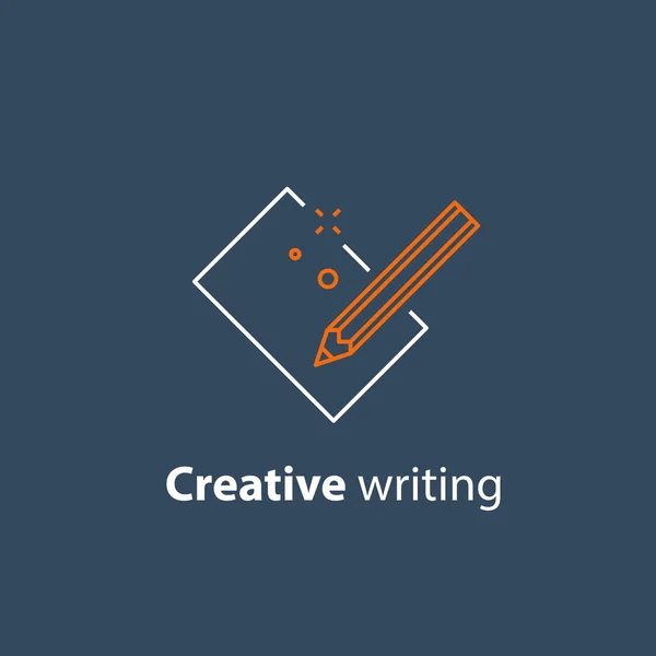 Contar histórias conceito, escrita criativa, lápis e folha de papel, copywriting, ícone linear — Vetor de Stock