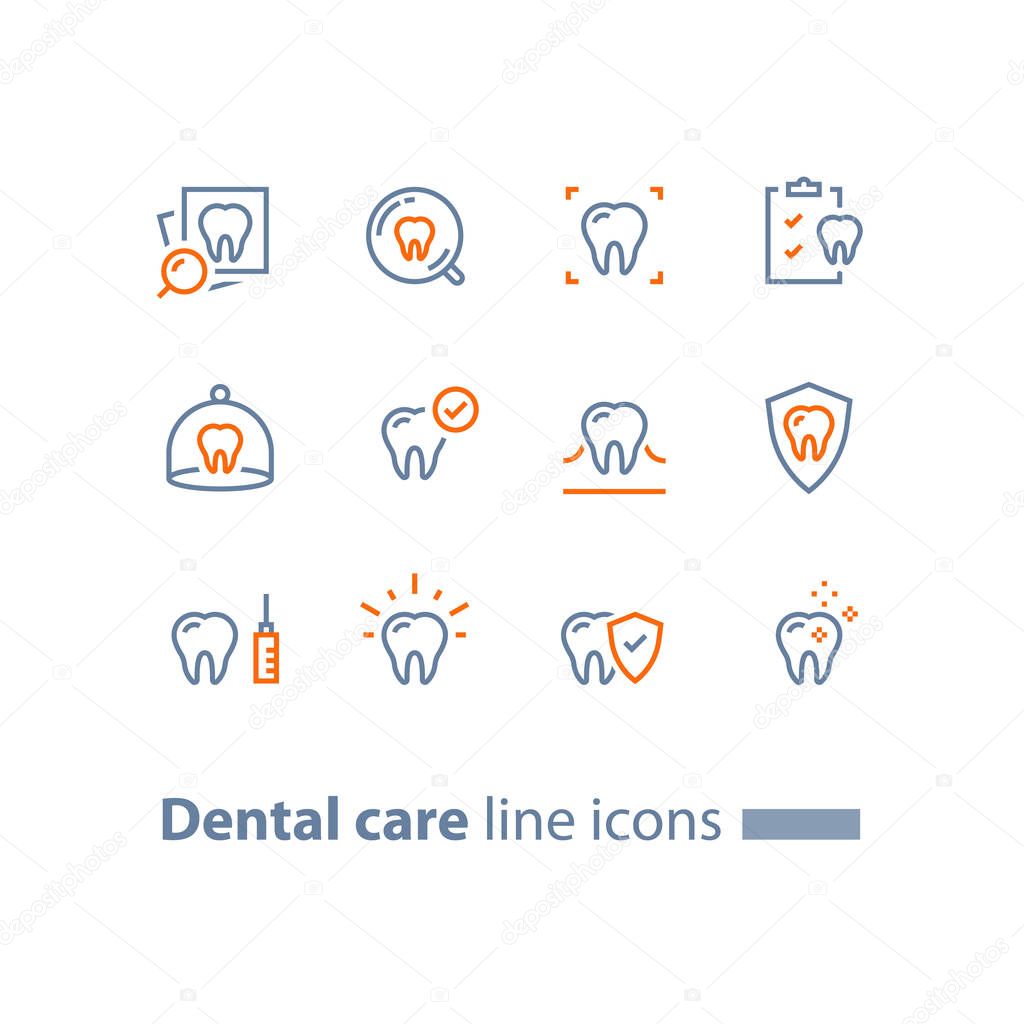 Dental care, prevention check up, hygiene and treatment, stomatology services, tooth and checklist, vector line icon set, linear design
