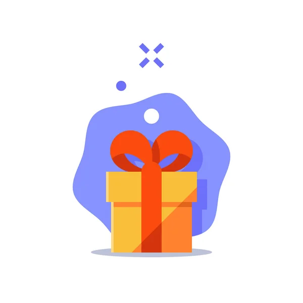 Geschenk, Überraschungsgeschenk, gelbe Schachtel, rote Schleife, Sonderpreis erhalten, Geburtstagsgratulation, lustige Feier — Stockvektor