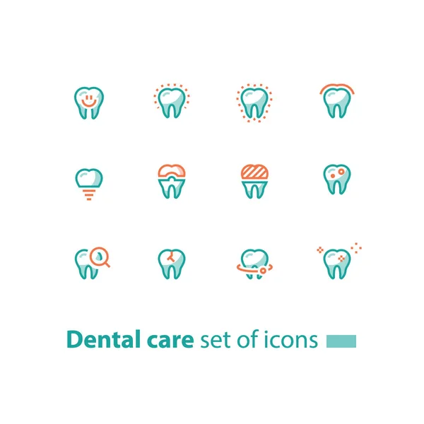 Stomatology services, dental care, prevention check up, tooth implant and crown, line icons — Stock Vector