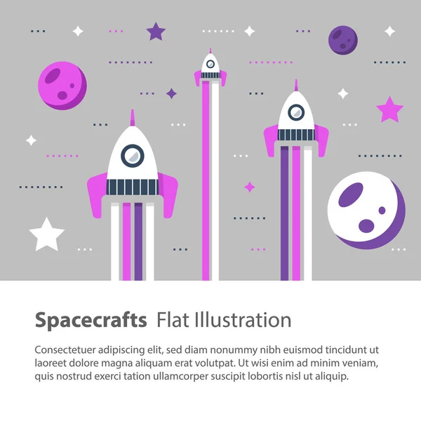 Naves espaciais voando no espaço entre estrelas e planetas, crianças ilustração plana — Vetor de Stock