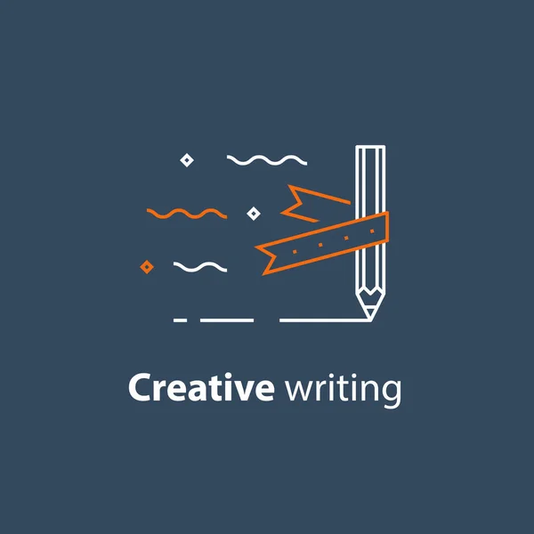 Έννοια της αφήγησης, δημιουργική γραφή, μολύβι και κορδέλα, copywriting, γραμμική εικονίδιο — Διανυσματικό Αρχείο