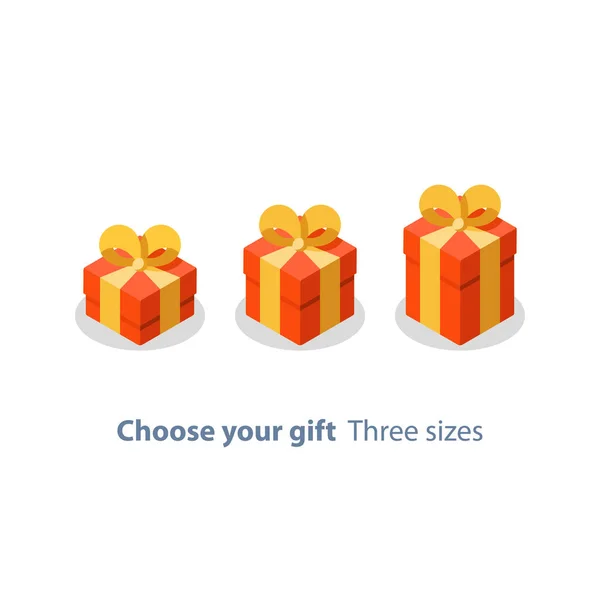 Три размера подарка, красная коробка, желтая лента, подарок, специальный приз, с днем рождения — стоковый вектор