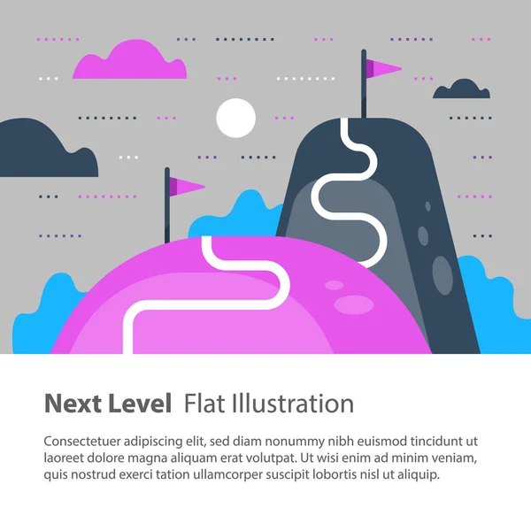 次のレベルの概念、成功への道に到達目標高くより良い、モチベーションと向上、長期的野心 — ストックベクタ