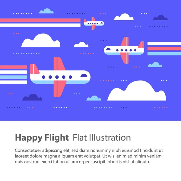 Gökyüzü, mutlu uçuş, düz illüstrasyon, gökkuşağı ile uçak uçan uçaklar — Stok Vektör