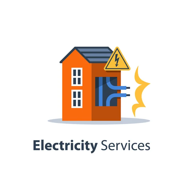 Reparatur und Wartung von Elektrizität, Haus mit Hochspannungszeichen und kaputten Drähten — Stockvektor