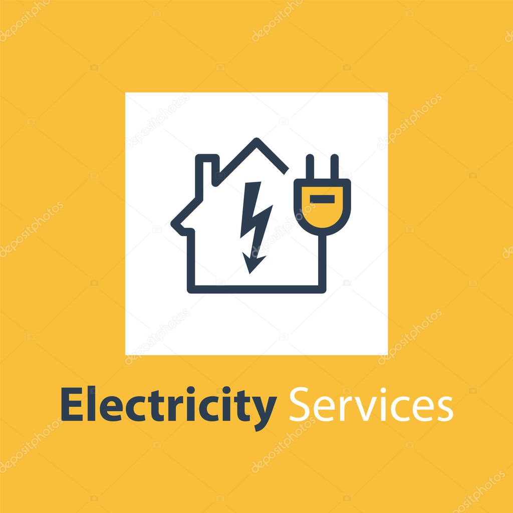 Electricity repair and maintenance services, house with high voltage arrow and plug, electric safety, linear design illustration